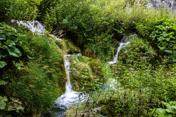 Waterfall of Plitvice lake, Croatia natural travel background, national park