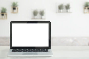 Fototapeta premium blank laptop display on table with window light