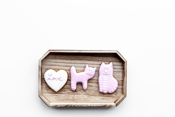 Valentine cookies. Hearts with lettering I love you, cat and puppy on white background top view space for text