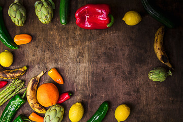 Rustic background with vegetables and fruits.Healthy food