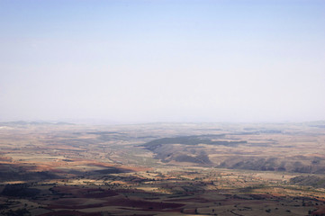 Beautiful panoramic view of a landscape, meadows and full of crop fields