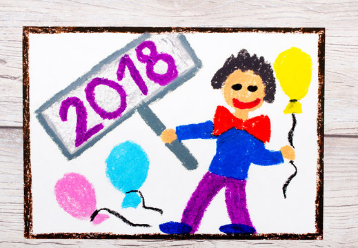 Photo of colorful drawing: happy man with balloons celebrating the New Year 2018