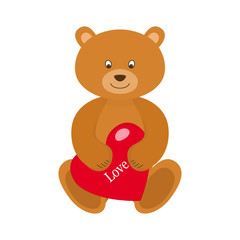 Teddy bear with red heart isolated on white background. Valentine's day concept. Vector illustration