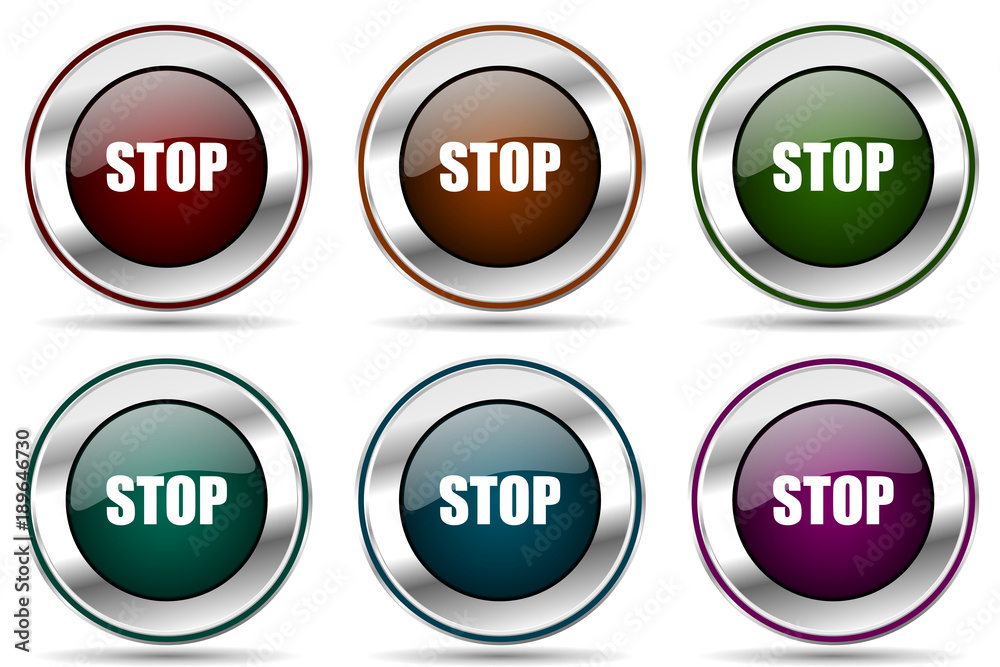 Aufkleber Stop vector icon set. Silver metallic chrome border icons for web design and smartphone applications