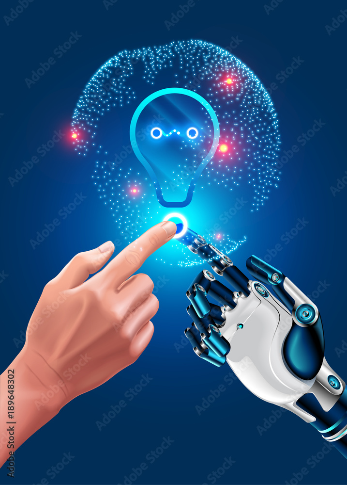 Poster human hand touches robot hand. illustration about modern innovation in industry. global automation, 