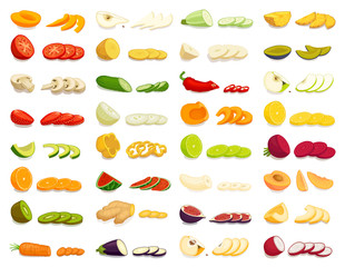 Sliced various fruits and vegetables. Vector illustration. Cooking. Cutting
