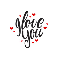 Vector illustration: Handwritten lettering of I Love You with hearts on white background
