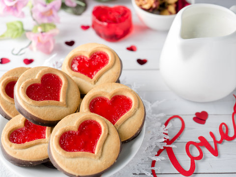 Homemade Cookies with a Red Jam Heart Valentine's Day Cup of tea