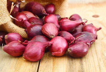 Red onions isolated in burlap on wooden background