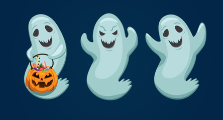 set of funny ghosts. pumpkin with sweets. vector illustration
