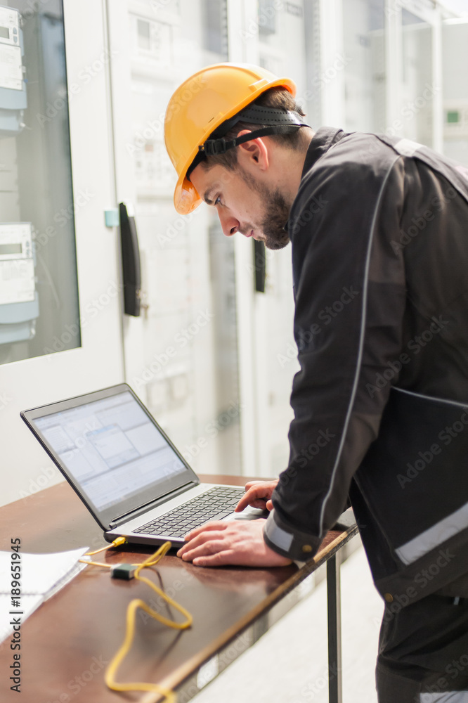 Wall mural field service engineer inspect relay protection system with laptop comput