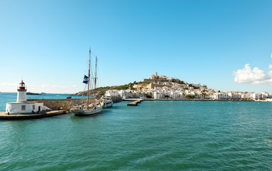 Ibiza, Spain - October 5, 2017 : Beautiful view of boat port and old town of Ibiza city and...