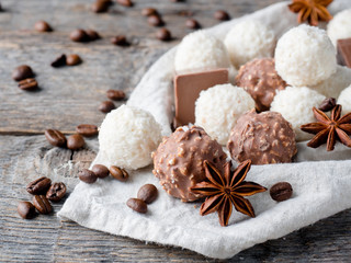 Chocolate Coconut Star Anise Cinnamon Coffee beans on Wooden Background Table
