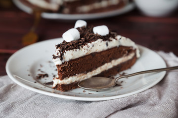 Slice of cake with chocolate and marshmallow macro