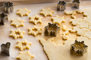 Preparation of traditional Linzer Christmas cookies - cutting out star shapes