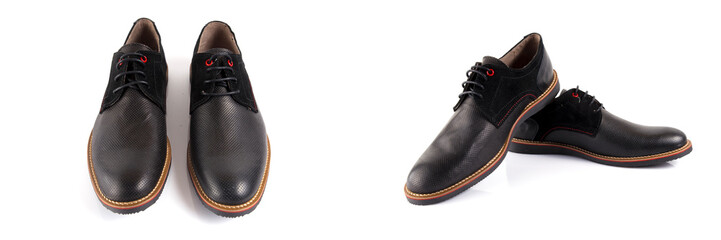 Male black leather elegant shoe on white background, isolated product, comfortable footwear.