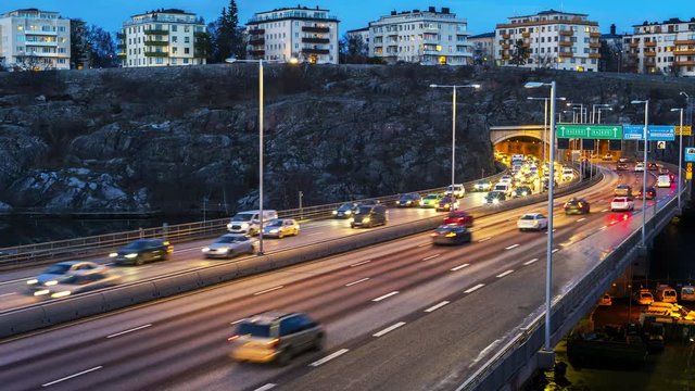 Time lapse of highway "Essingeleden" in Stockholm at dusk