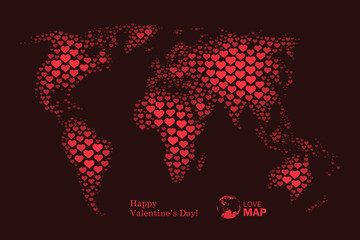 Love, world map with red hearts, vector background