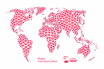 Love, world map with pink hearts, vector background