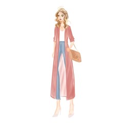 Modern blonde girl in casual daily outfit with jeans and long coat