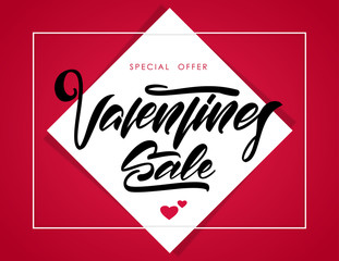 Vector illustration: Handwritten lettering composition of Valentines Sale on white sticker background. Special offer