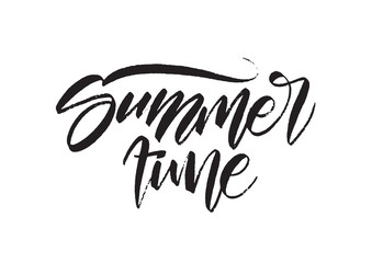 Obraz premium Vector illustration: Handwritten brush type ink lettering of Summer Time on white background.
