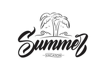 Vector illustration: Handwritten brush lettering of Summer Vacation with line palm trees, beach and ocean waves.