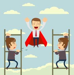 Businessman fly over the another one to the sky high for successful. Stock flat vector illustration.