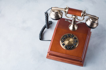 retro phone, wooden, old, telephone on a gray table