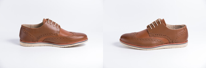 Male brown leather shoe on white background, isolated product, comfortable footwear.
