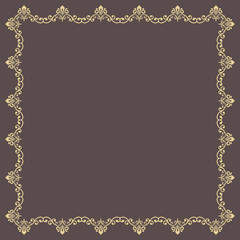Classic vector golden square frame with arabesques and orient elements. Abstract ornament with place for text. Vintage pattern