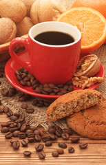 Coffee with oatmeal cookies and fruits