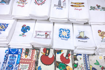 Traditional portuguese souvenirs for sale at Porto market (Mercado do Bolhao). Portugal