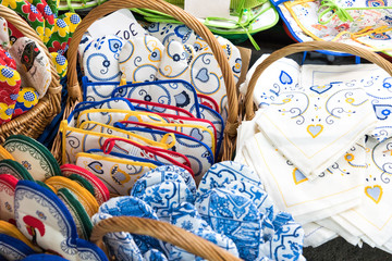 Traditional portuguese souvenirs for sale at Porto market (Mercado do Bolhao). Portugal