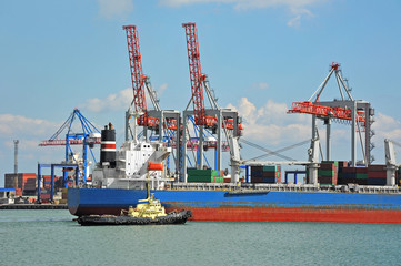 Fototapeta premium Tugboat assisting bulk cargo ship