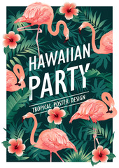 Hawaiian party. Vector illustration of tropical birds, flowers, leaves. Vector illustration.