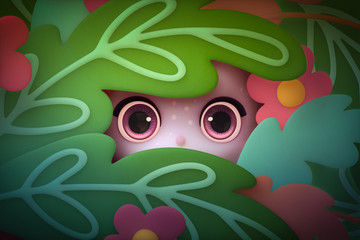 Kawaii funny face with big purple eyes peeps out from the cartoon bushes. Little girl peeking through the leaves. Cartoon Background. 3d rendering.
