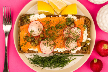 Smoked Salmon With Cream Cheese and Radishes Open Face Rye Bread Sandwich