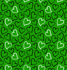 Hearts seamless pattern in black and white colors on the green background. Design for Saint Valentine's Day Cards. Hand drawn hearts.