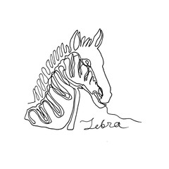 Continuous one line drawing.Portrait of zebra. African animal. Minimalism style. Text Zebra. Vector Ink illustration for your design,logo, card, banner, poster, flyer.