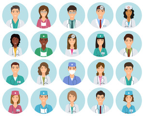 Set of doctors and nurses avatars in uniform in circle frames. Collection of medicine employee faces in circles.