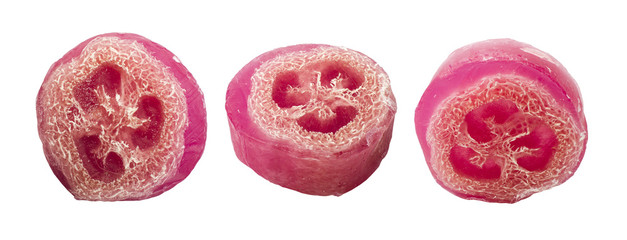 A natural handmade soap with loofah. Isolated on white background. Natural ingredient