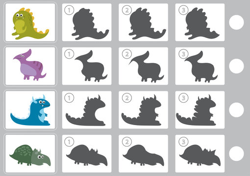 Shadow matching game with cartoon dinosaur for children