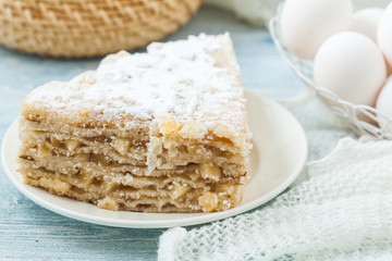 pie puff with apples, on white background. Menu, restaurant, recipe concept. Served in
