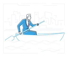 Businessman rowing a boat - line design style illustration