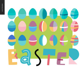 Set of painted eggs and Easter lettering on the green background
