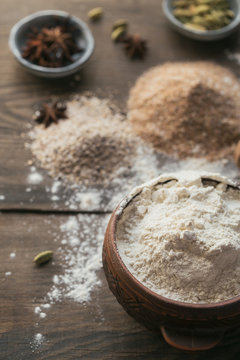 Ingredients for cooking bread or cookies: bran, flour and spices