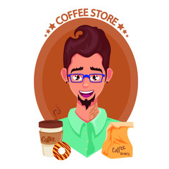 Vector flat simple friendly barista character portrait, coffee shop, tattoo, eyeglasses, beard, vector illustration isolated on white background