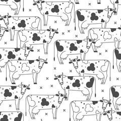 Seamless background with cows. Linear black and white vector illustration.