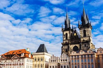 Fototapeta na wymiar Travel in Prague, Church of Our Lady before Tyn on Old Town Square, Staromestske namesti, and The Church of St Nicholas, Praha, Czech Republic